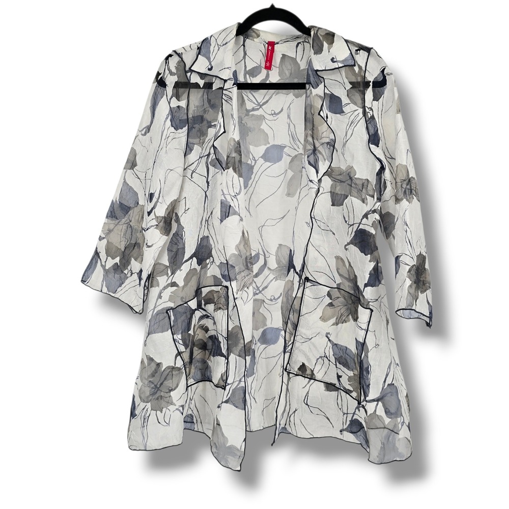 IC by Connie K Women Floral Open Front Cardigan Sheer Grey White Size Small